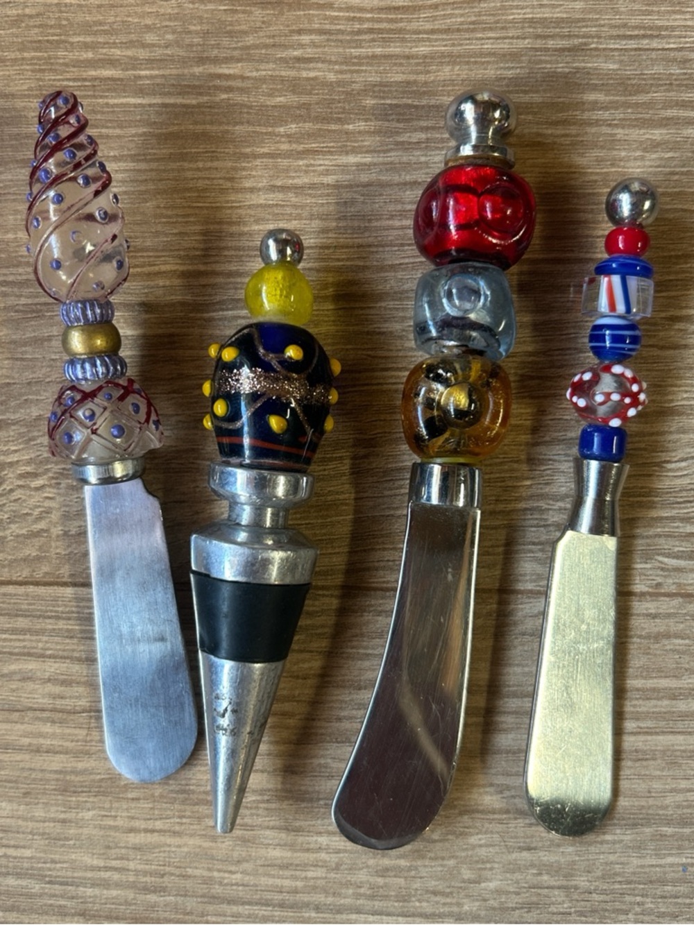 Set of 3 Decorative Glass-Beaded Cheese Spreaders - 1 Bottle Stopper